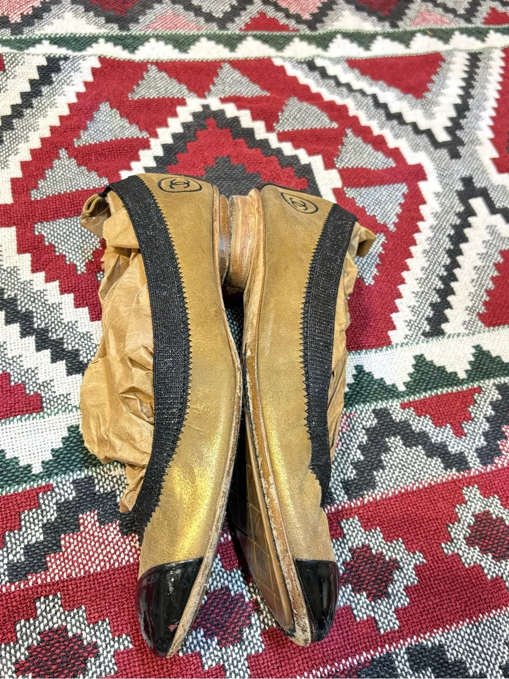 Chanel Gold and Black Cap-Toe Ballet Flats